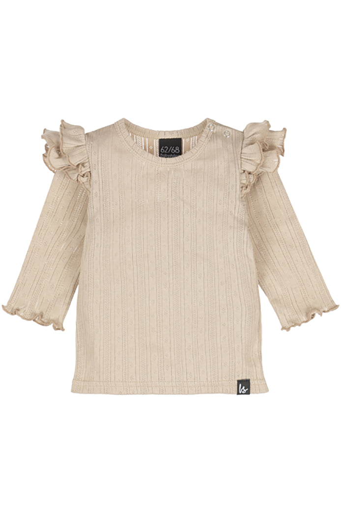 Langarm-Pullover mit doppelten Rüschen und Pointelle-Streifen in warmem Beige