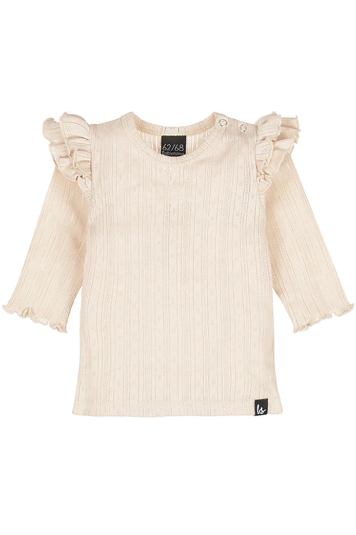Doppelt gerüschtes, langärmeliges Pointelle-Kleid (Streifen) in Sand