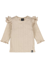 Langarm-Pullover mit doppelten Rüschen und Pointelle-Streifen in warmem Beige